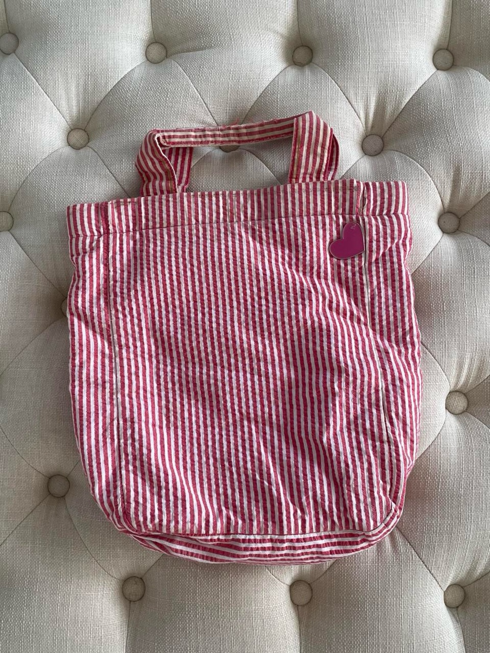 Striped Pink Canvas Tote Bag with Heart Accent